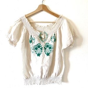 Off Shoulder Peasant Boho White Blouse Green Stitching Women's Large